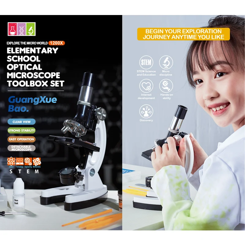 100X-1200X 28-Pieces Student Beginner Microscope Stem Kit Metal Body Toy Microscope With Slides, LED Light And Carrying Box