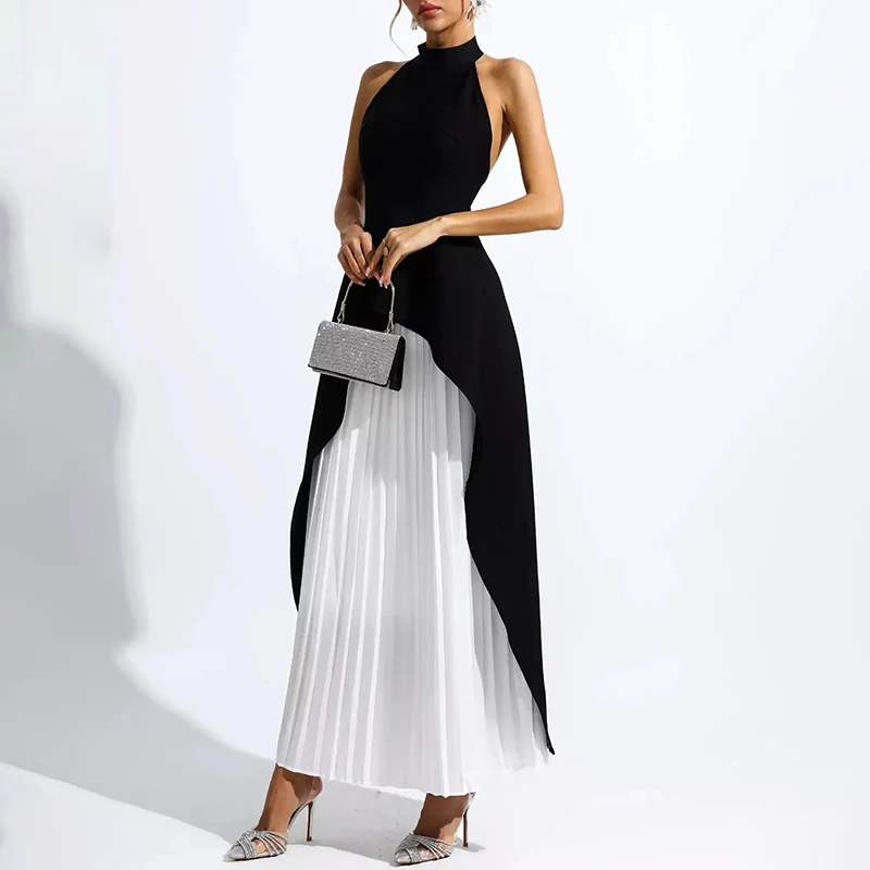Custom trendy sleeveless halter black and white maxi party dress backless pleated dresses for women