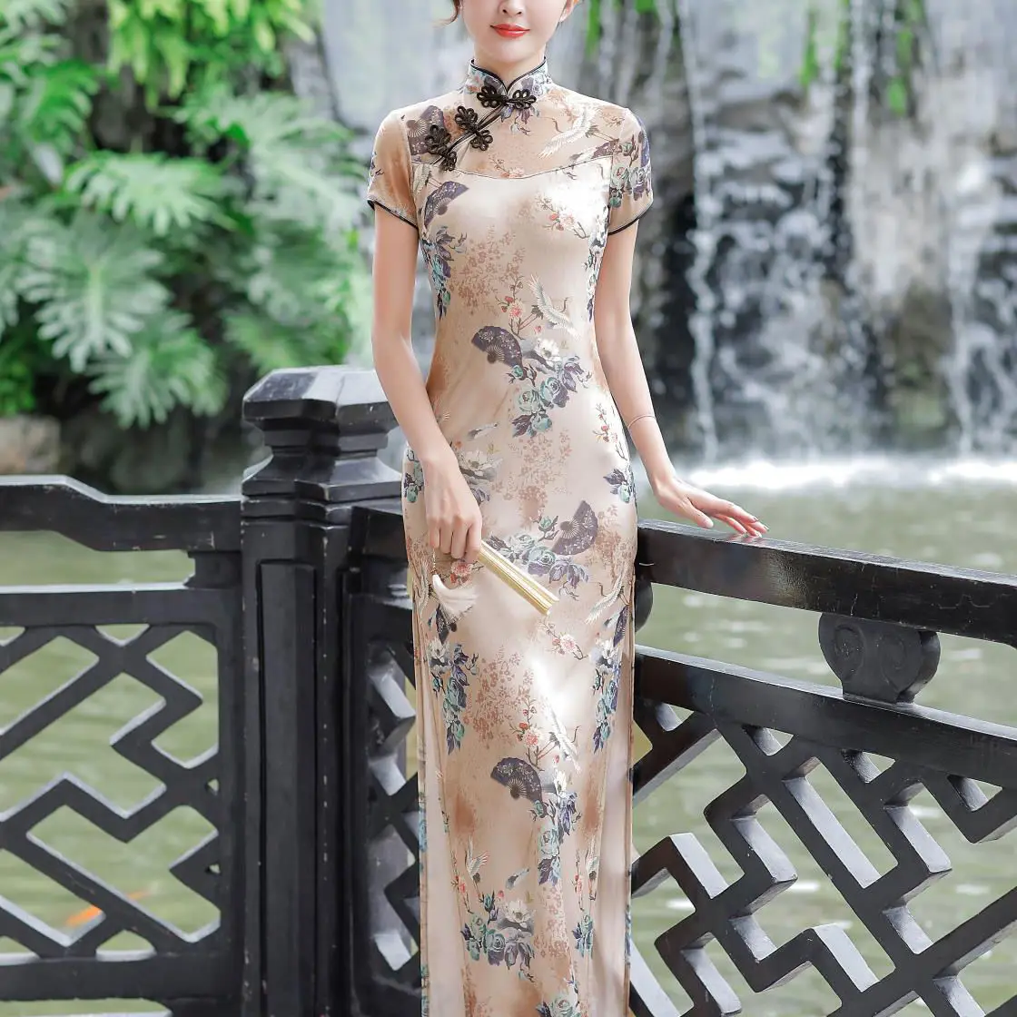 Fashion flower printing women casual cheongsam medium style ladies large size vintage dress on sale