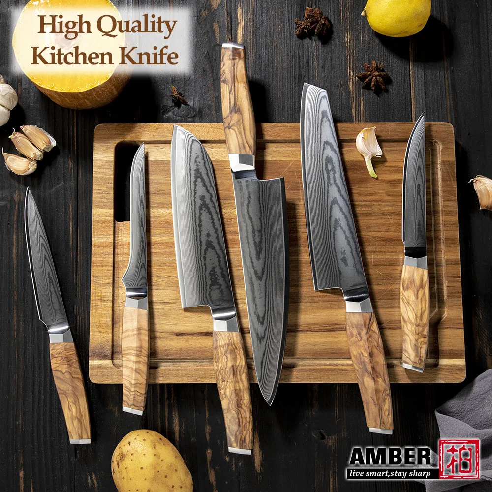 Custom Logo 7 inch Damascus Santoku Knife VG 10 Damascus Steel Kitchen Knives With Olive Wood Handle