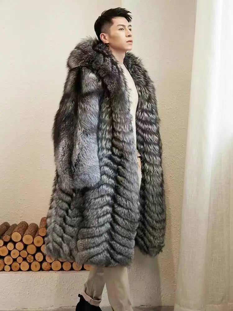 Hot Selling Real Fur Coat For Man Luxury Long Style Winter Warm Mens Natural Silver Fox Fur Coat