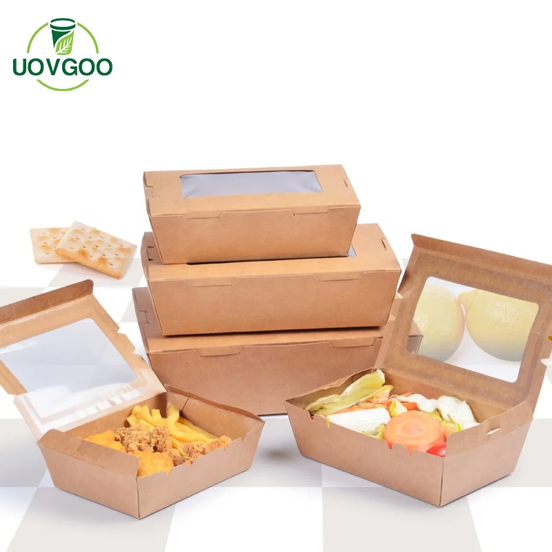 Disposable Tableware Bento Lunch Sandwich Fast Takeaway Packaging Brown Kraft Paper Food Box With Clear Window for Salad