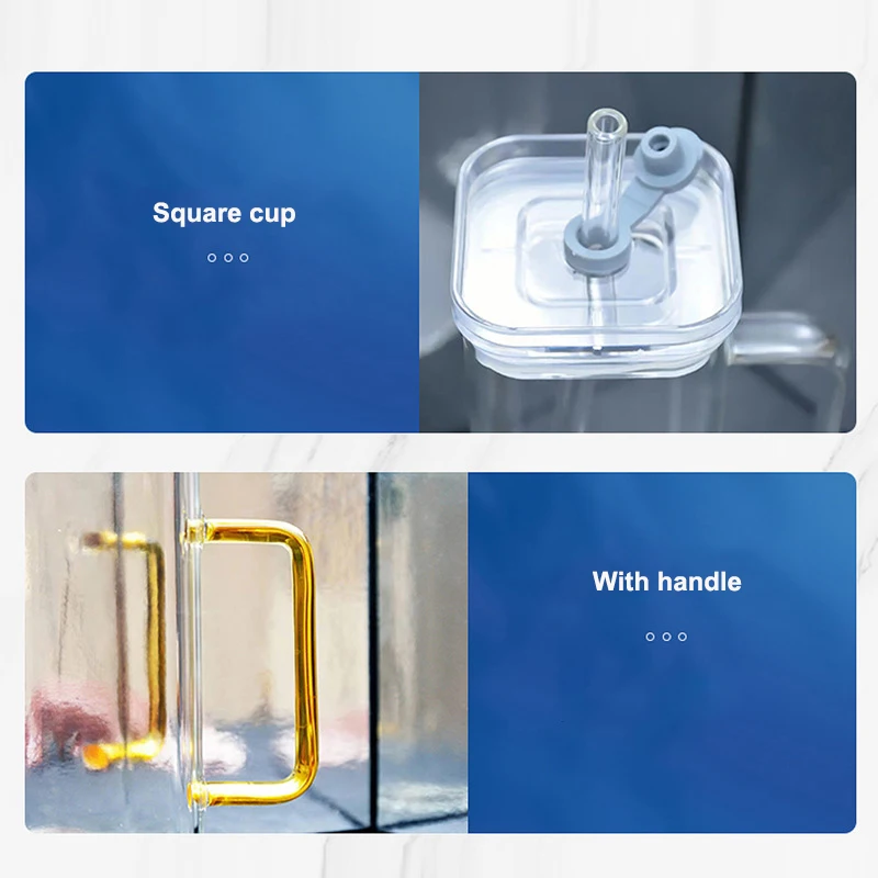 Wholesale creative clear milk juice water cups square glass mug high borosilicate glass mug with straw and lid