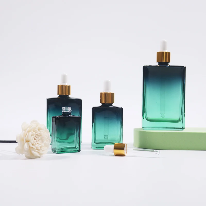 Wholesale Flat Square Rectangle Serum Bottle Luxury 15ml 30ml 50ml 100ml Cosmetic Packaging Essential Oil Glass Dropper Bottle