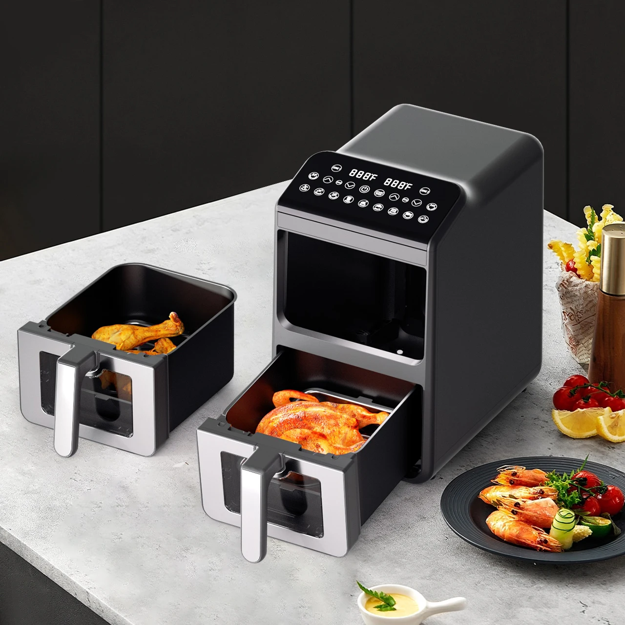 New Design Smart Stainless Steel Air Fryer Oven With LCD Display 10L Oil-free Dual Basket Air Fryer