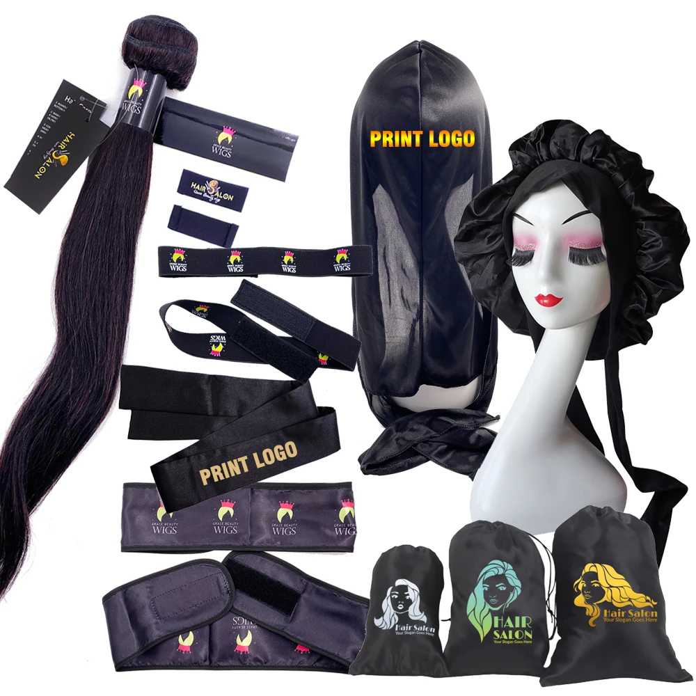 Шелковая обертка с логотипом на заказ, сумка для хранения париков, широкая атласная повязка на голову, регулируемая бархатная эластичная плавильная лента