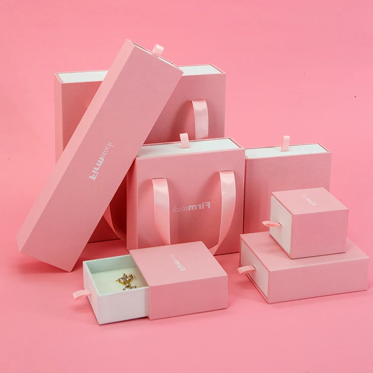 custom Pink magnetic gift packaging paper box  jewelry and pouch jewellery cosmetic bag boxes logo drawer with ribbon