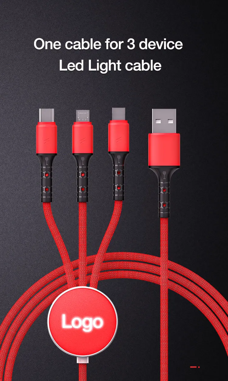 
led light Data Line 3 in 1 Cable For Android Type-c Mobile Phone Usb One Dragging Three Cord 1.2M 