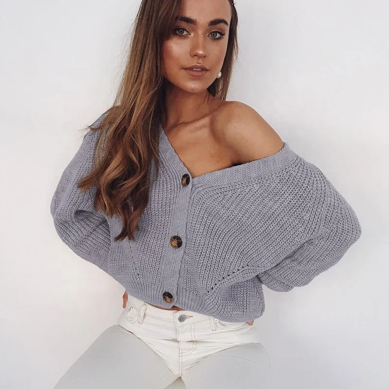 Fashion lantern sleeve V neck cardigan sweater with button fall casual solid custom cardigan women