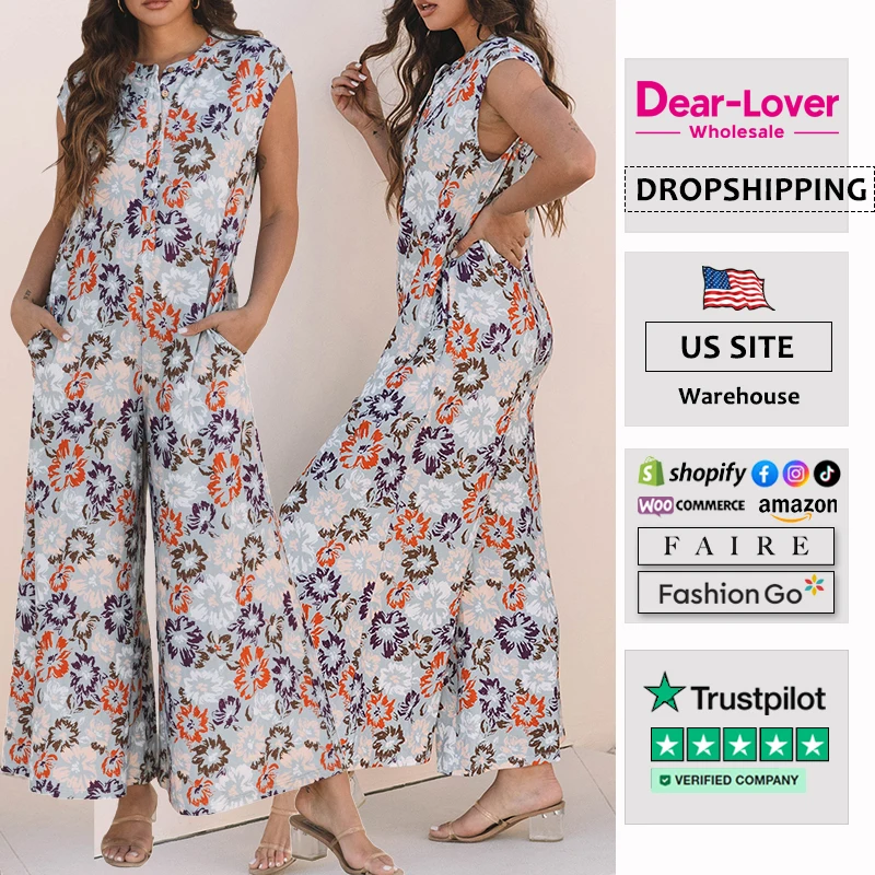Dear-Lover OEM ODM Wholesale Summer Fashion Floral Sleeveless Buttoned Pocketed Romper Women Wide Leg Jumpsuit