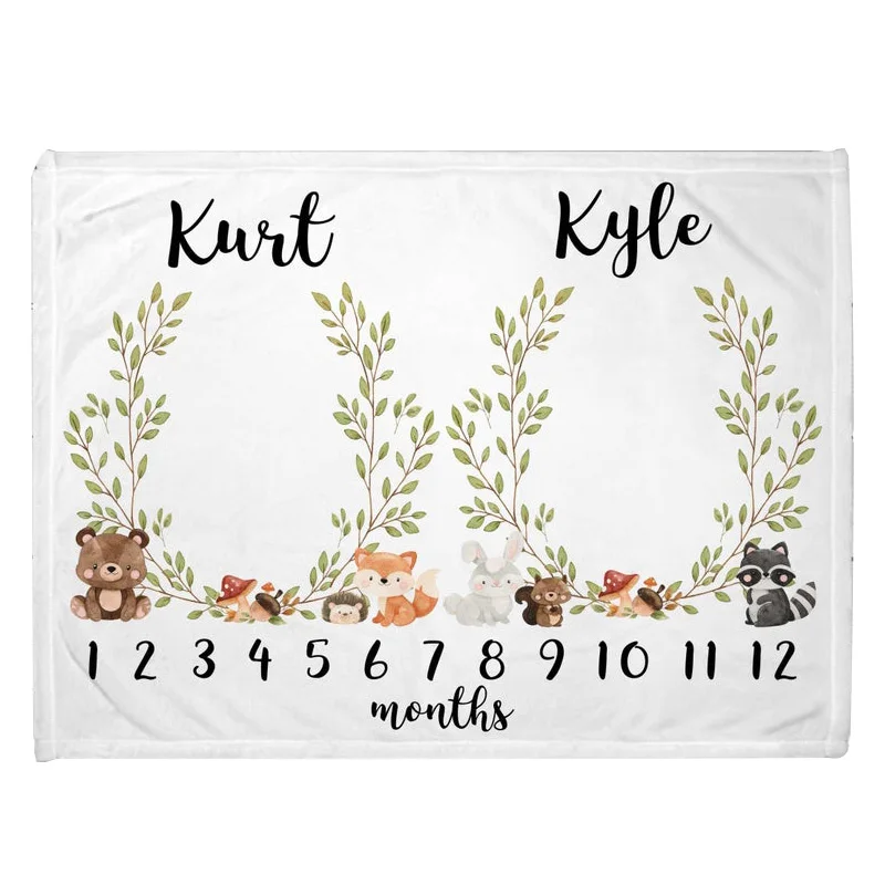 Cartoon Elephant Baby Monthly Milestone Blanket for Twins Baby Photo Blanket for Boyr or Girl Newborn Shower Gift