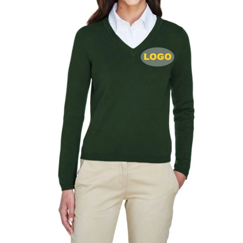 Новый дизайн женской деловой одежды осень 100% хлопок V-образный вырез Вязаная женская униформа большого размера для сотрудника свитер с пользовательским логотипом