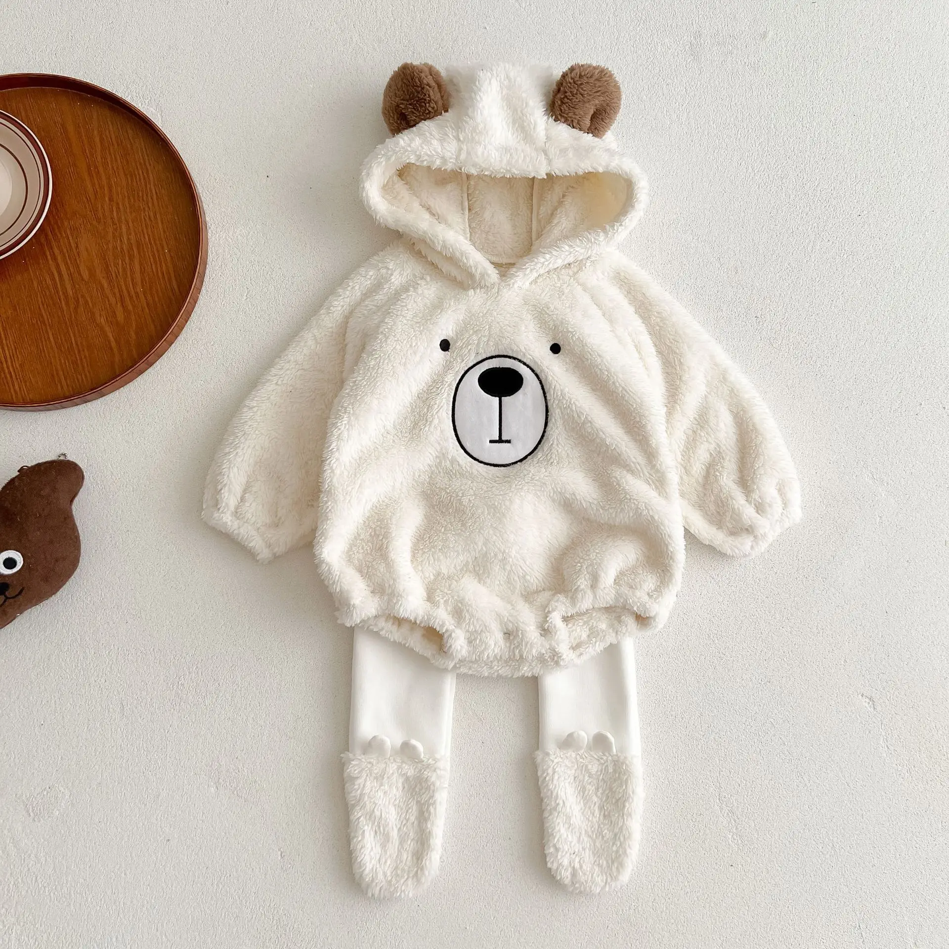 Ins Autumn Winter Newborn Toddler Girl Bear Long Sleeve Thick Fleece Hooded Romper Outfits Baby Bodysuit
