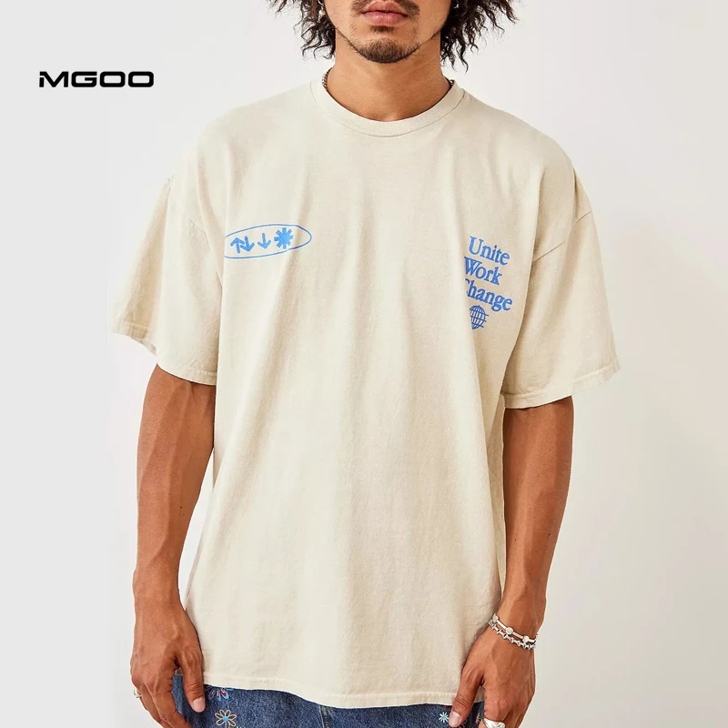 MGOO Boxy Fit Style Daily Wear Custom Water Based Printed Logo T Shirts Cream White Color Mens Tee