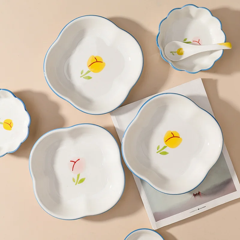 korean flower nordic blue floral fine china ceramic embossed fancy tulip dinnerware sets