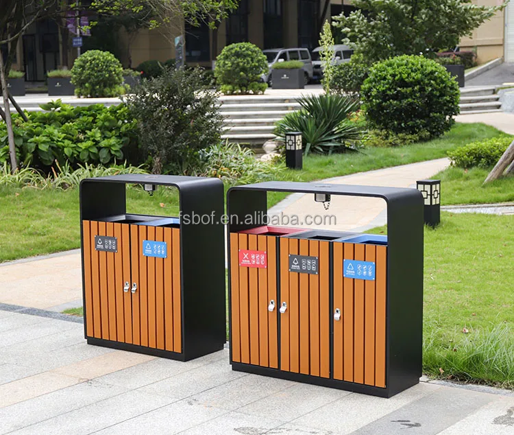 outdoor commercial wood and metal trash can outside garden large dustbin street ash-bin garbage can stand fancy garbage cans