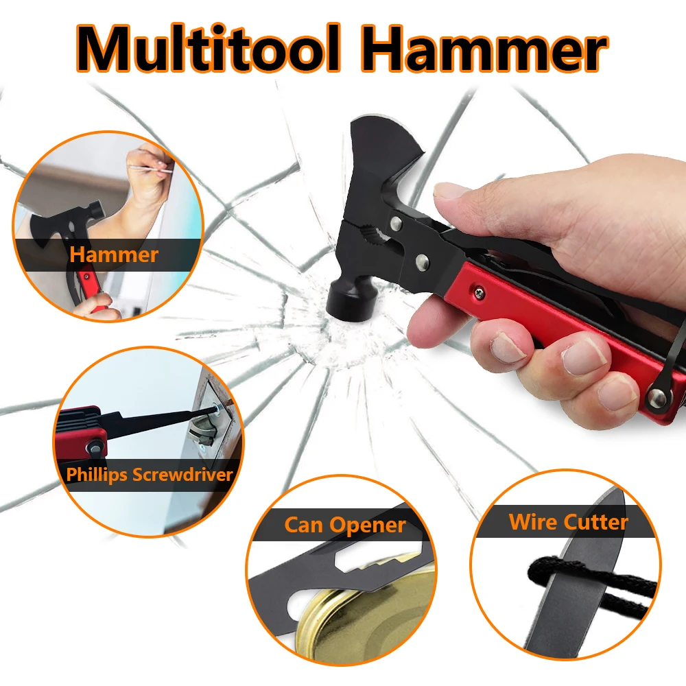 15 in 1 Multitool - Hammer, Survival Knife, Hatchet Axe, Bottle Opener, Pliers for Camping, Emergency Car Kit - Cool Multi Tool