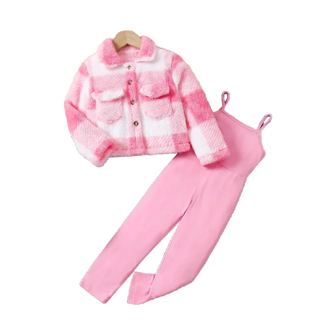 Autumn Winter New Toddler Kids Clothes Thick Girls Lapel Plaid Long-sleeved Coat Suspender One-piece Trousers Wholesale