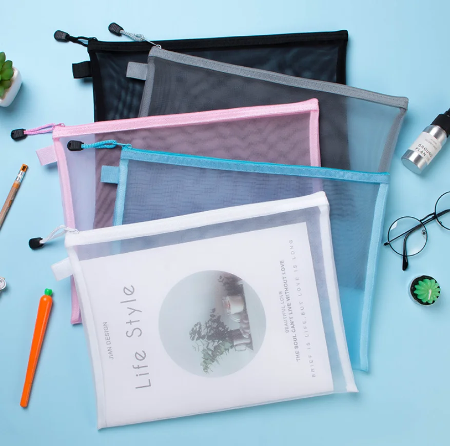 Transparent Mesh Stationery A4 Zipper  Bag File Organizer Professional
