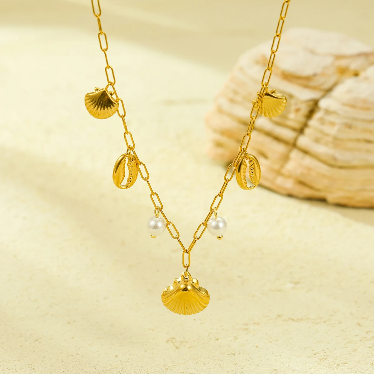INS hot sale shell charms necklaces waterproof stainless steel 18K PVD gold plated pendant necklace for vacation women girls