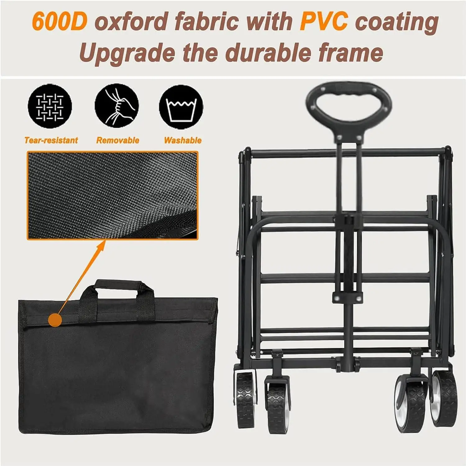 Collapsible Foldable Wagon, Beach Cart Large Capacity, Heavy Duty Folding Wagon Portable for Sports, Shopping, Camping