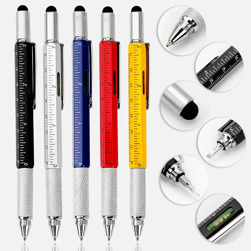 6 in 1 multi tool pen functional tech tool pen metal stylus pen with level and screwdrivers