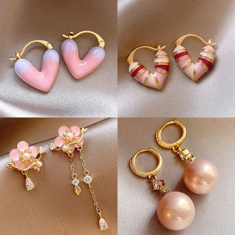 Dainty Sterling Silver Post Earrings Designer Fashion Enamel Cut Zircon Pink Heart Flower Butterfly Stud Earrings for Girls