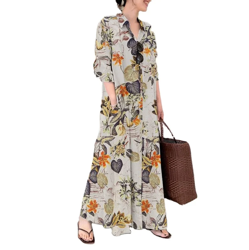 New Fashion Women Cotton Linen Long Shirt Dress Long Sleeve Floral Button Muslim Spring Simple Loose Casual Maxi Long Dress