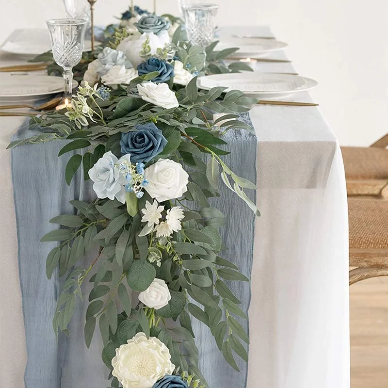 6FT Artificial Garland Dusty Blue Table Runner with Flowers Handcrafted Wedding Centerpieces Arch Flower Garlands