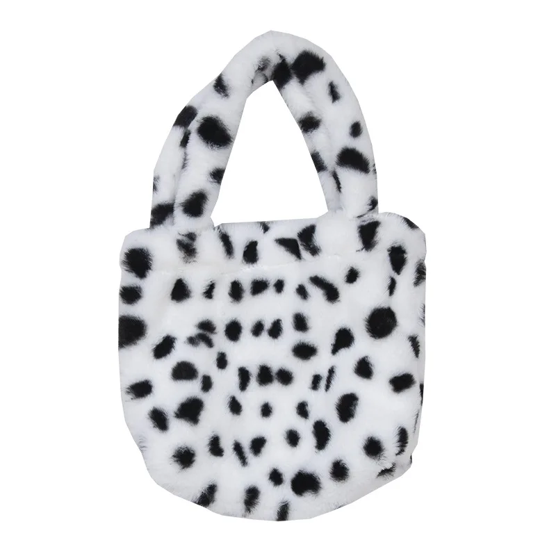 Spring Autumn Winter Short Handle Mini Bag Cute Lady Black White Dots Cow Printed Fluffy Plush Fleece Fuzzy Soft Small Tote Bag