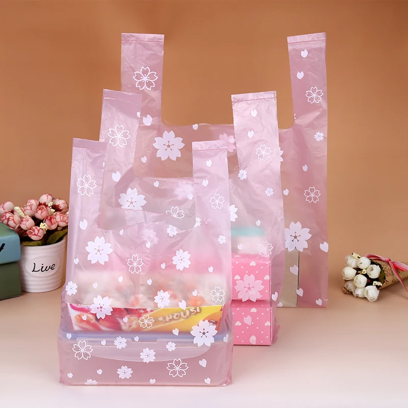 Custom Logo Pink Cherry Blossom Vest Gift Cosmetic Food Packaging Supermarket Shopping Plastic Bags