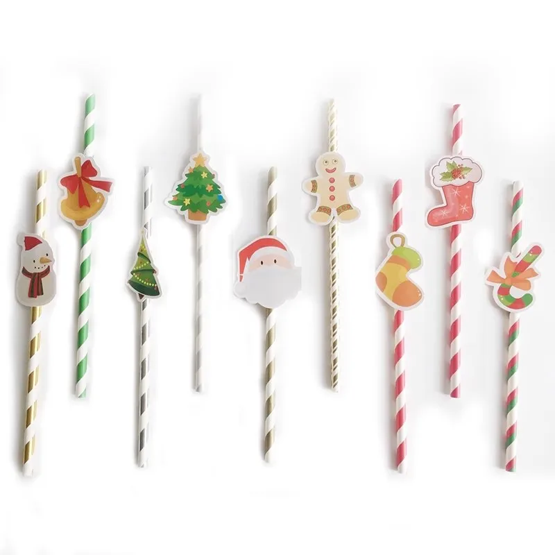 Christmas Tree Attached Green Paper Drinking Straws Biodegradable Holiday Straw