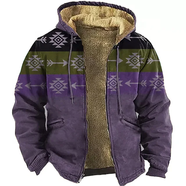 Custom Logo Winter Coat For Men Colorful Tribal Graphic Prints Breathable Fleece Jacket Daily Outdoor Windbreaker Hoodie Jacket