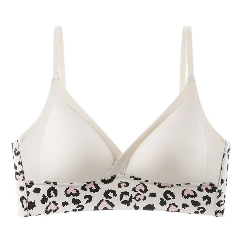 Comfy Stylish Peach Heart Leopard Print Wireless Bra Triangle Cup Shape Push-Up Feature Breathable Thin for Adults Any Age Group