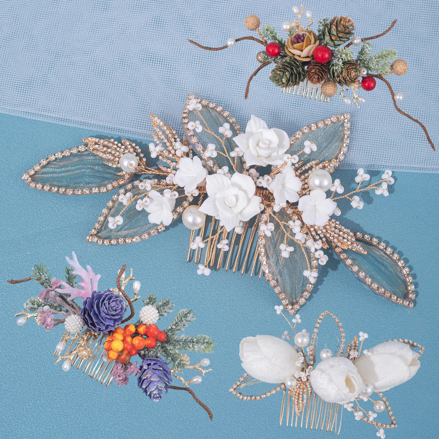 Custom Temperament Elegant Hair Accessory Leaf  Flower Cedar Nut Christmas Hair Combs For Women