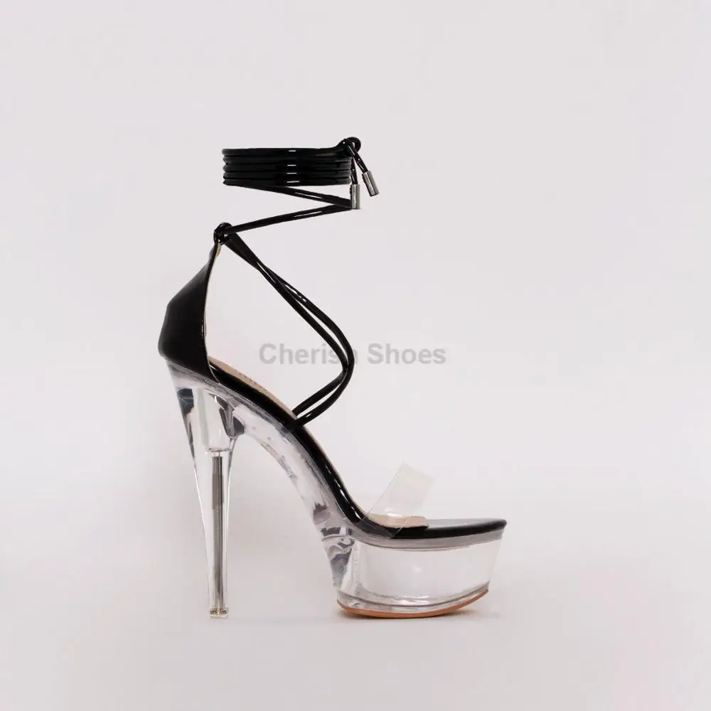 New arrival Sexy ladies patent clear platform heel ankle Sandals lace up pointed toe Transparent stiletto heel Shoes for women
