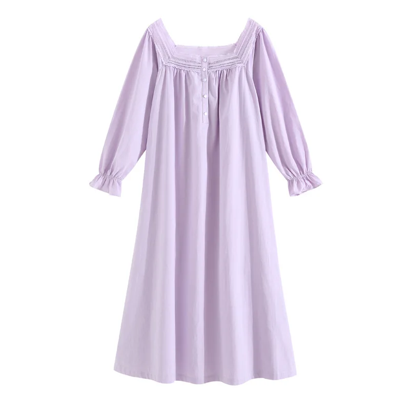 French Princess Cotton Solid Lace Nightgown for Girls New Pure Desire Style Loose Long sleeved Long Court Pajamas