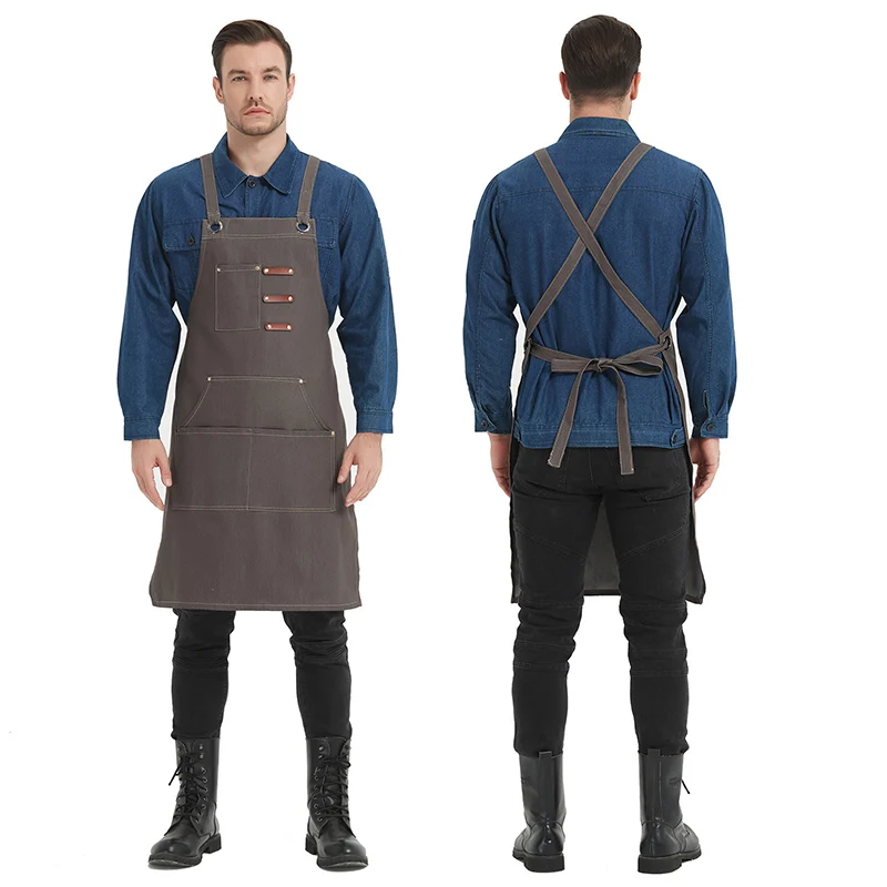 Coffee Shop Barista Chef Restaurant Men Leather Garden BBQ Grilling Denim Barber Canvas Work Aprons with Tool Pockets