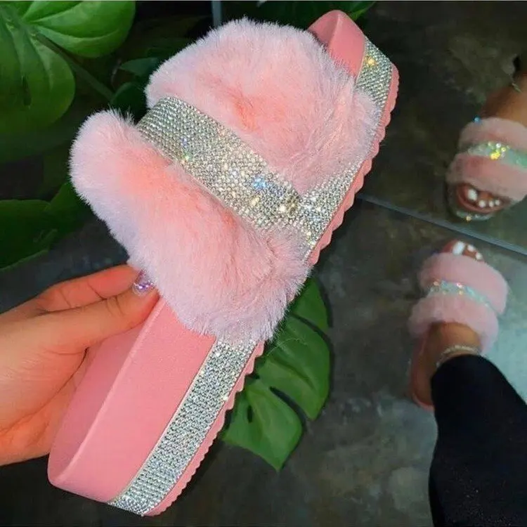 Fashion Diamonds Plush Sandals Women Sandals Slippers Ladies Rhinestone Fluffy Furry Slippers Fuzzy Shoes Faux Fox Fur Sandal