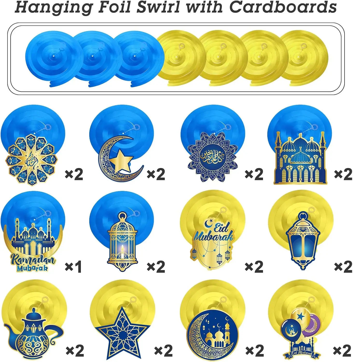 Customizable Blue & Gold Eid Party Decoration Banner Set with Spiral Tags Ramadan Party Decorations Tableware Table Decorations