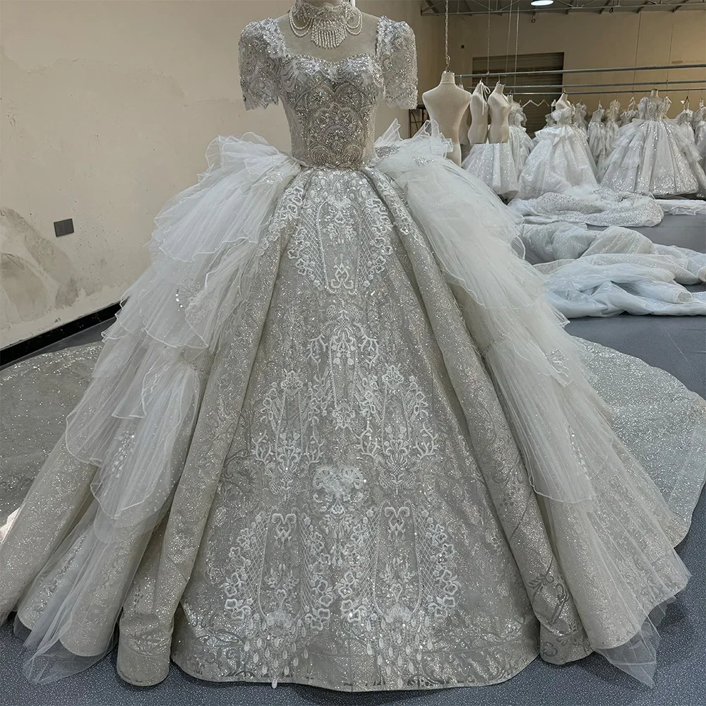 Elegant Shiny Wedding Dress Ball Gowns Glitter Tulle Square Collar Pleat Bride Dresses