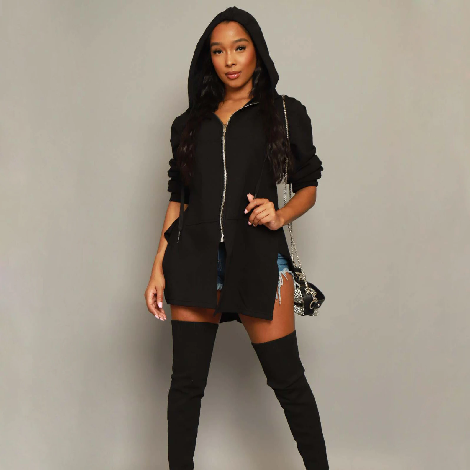 FS10235D sexy solid color stylish zippered hoodie women fashion coat