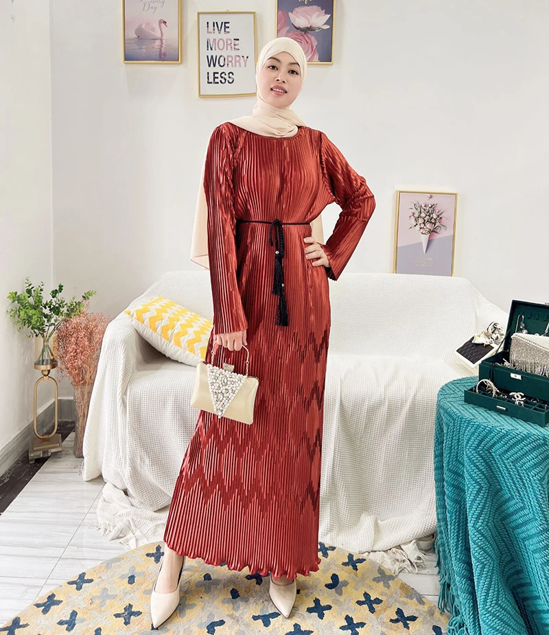 Hot Sale Elegant Maxi Dress Ladies Muslim Pleated Women Long Dress Abaya Women Muslim Dress Dubai