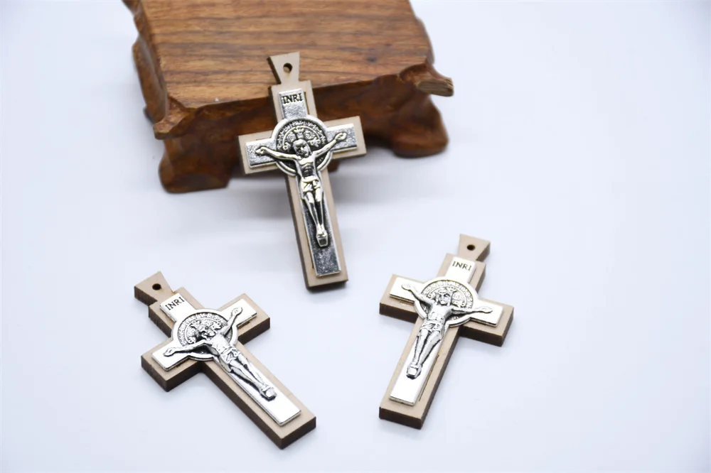 Religious Wooden Cross Charm Jerusalem St Benedict Alloy  Jesus Crucifix Pendant