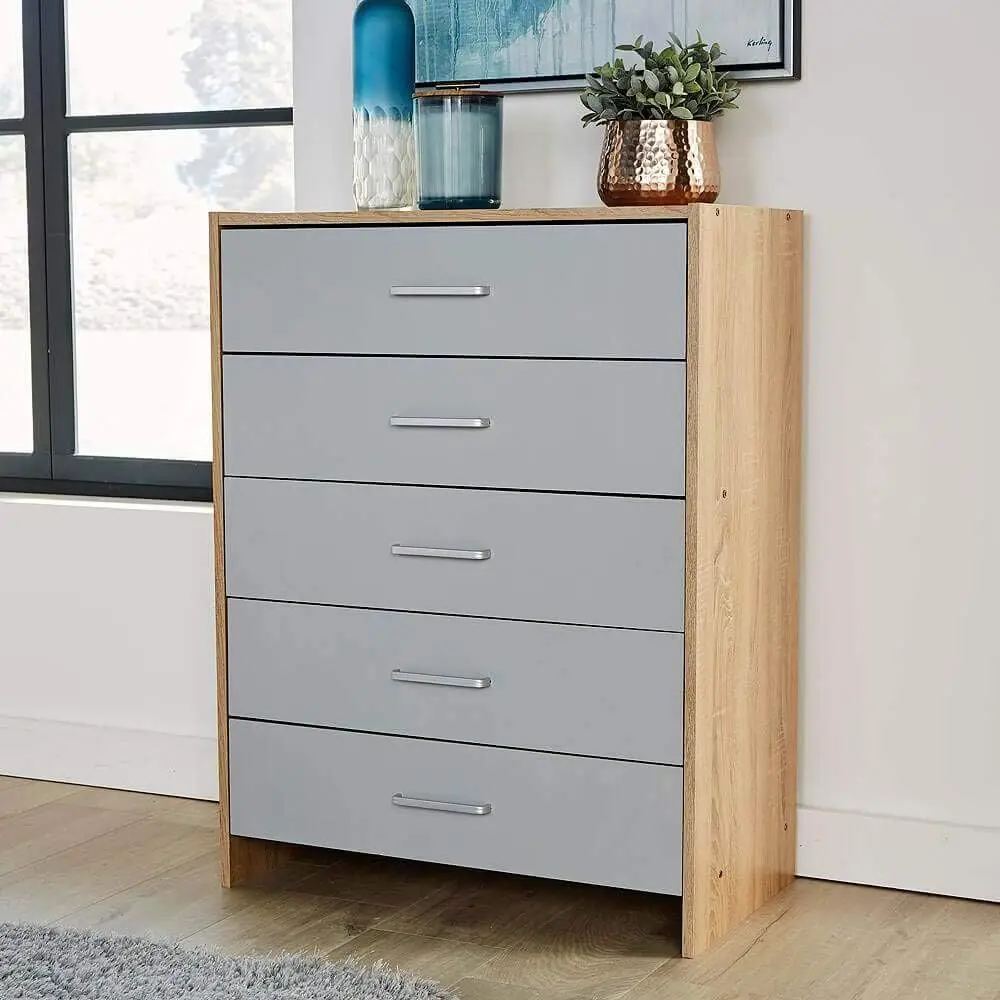 Custom MDF dresser bedroom furniture wood storage cabinet 5 drawers, chest of drawers