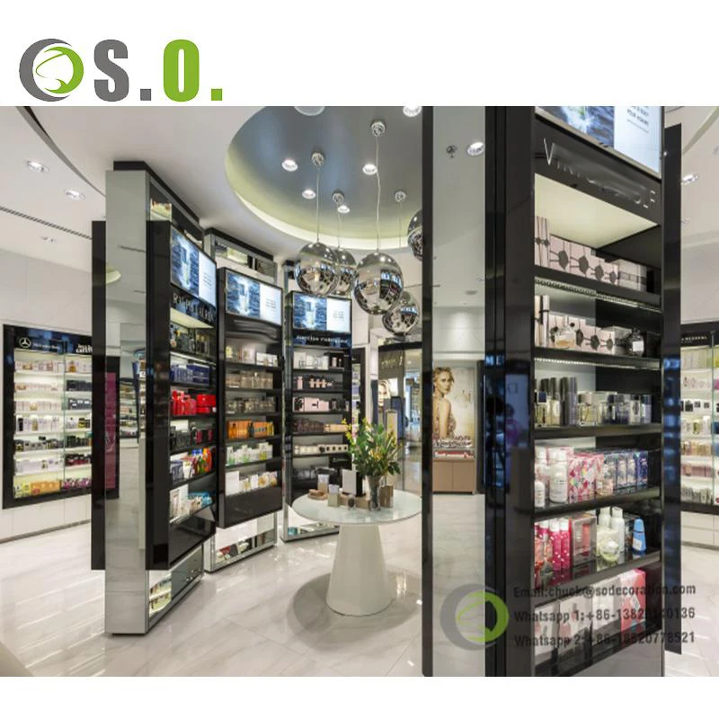 Fashion Shop Perfume Stand Makeup Display Case Acrylic Metal Wood Glass Cosmetic Display Showcase