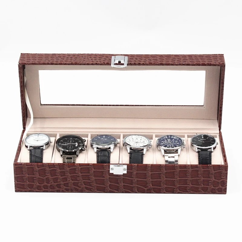 Custom logo luxury watch storage croco pu leather 6 grids watch gift box