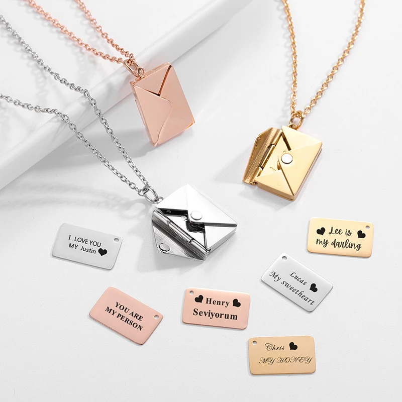 Stainless Steel I LOVE YOU Engraved Letter Necklace Soul Key Personality Gold Filled Envelope Memory Locket