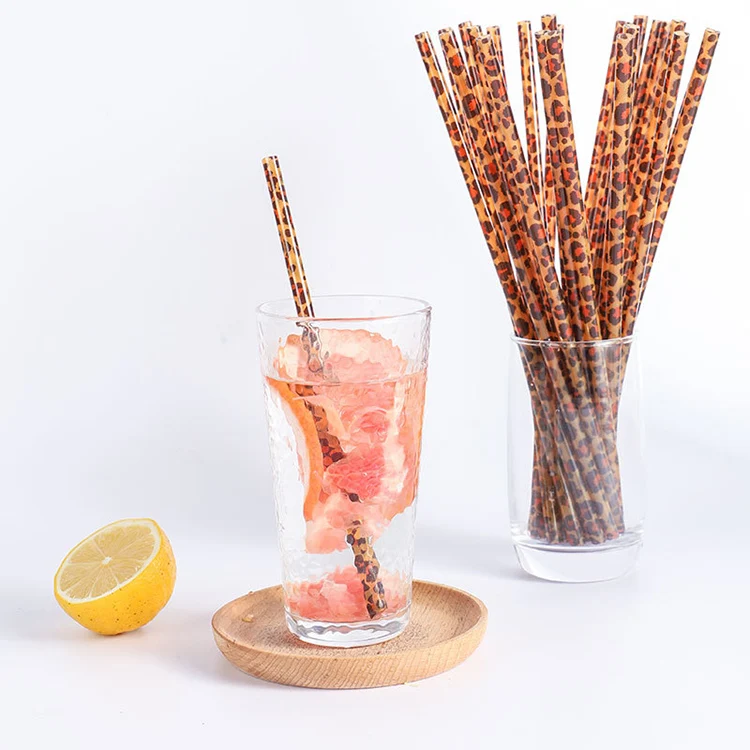 
25Pcs/Bag Latest Promotion Price Eco-friendly Reusable Drinking Straw PP Hard Plastic Printing Straws Leopard Straw 