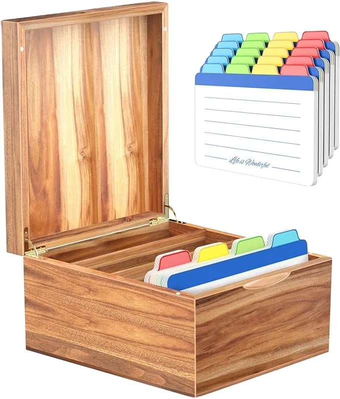 Acacia Wood Index Card  Organizer Case,  Recipe Box with Dividers, 4 Compartments for 600 Cards
